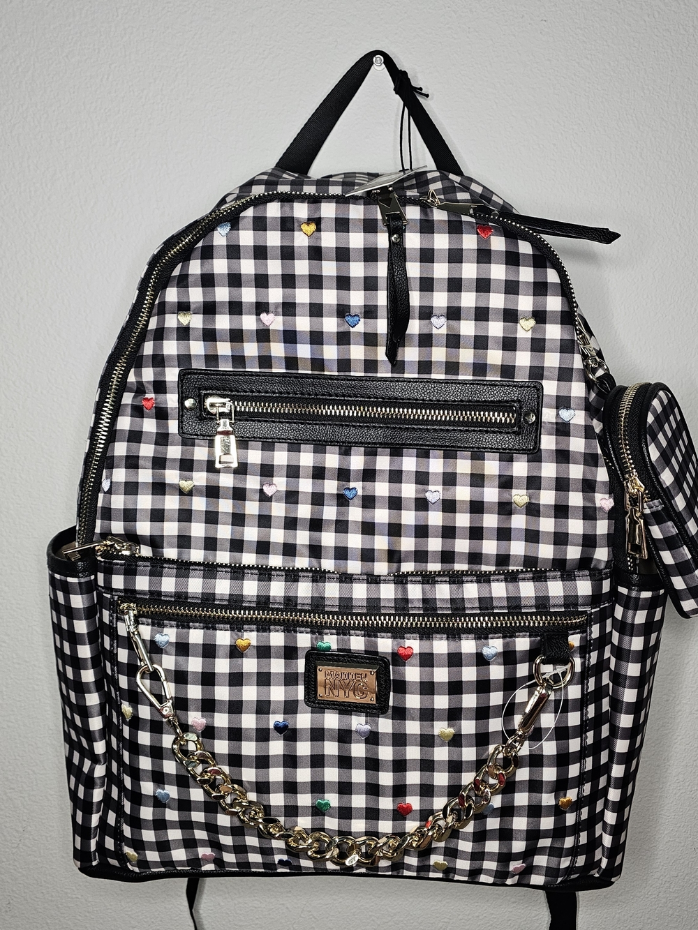 Madden Nyc Black Gingham Heart-Stud Backpack